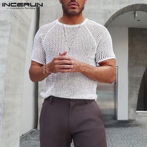 Magliette da uomo Maglietta da uomo Tinta unita Scava fuori Vedi attraverso Streetwear Manica corta O Collo Top Vacanza Casual Camisetas sexy INCERUN 230720