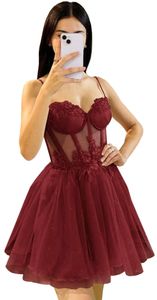 Vestidos curtos de boas-vindas Apliques de espaguete Sweetheart Lace-up Illusion Vestidos de festa Princesa Plus Size Mini Baile de formatura Vestidos de coquetel de formatura 78