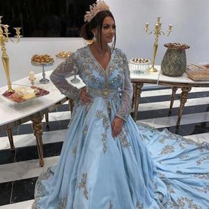 Light Sky Blue Moroccan Caftan Evening Dresses Long Sleeve Appliques Crystals Pearls Beaded Arabic Muslim Prom Party Gowns223V