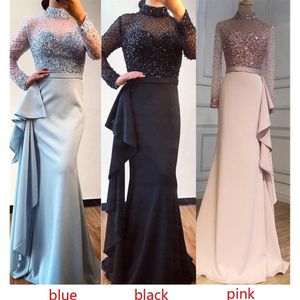 Luxury Long Sleeve Beading Sequined Evening Dresses Mermaid Arabic Dubai Woman Prom Dress Party Gowns Plus Size Abendkleider robe 3213