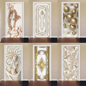 Wall Stickers 3D Relief Woman Door For Entrance Bedroom Bathroom Carved White Gate Gold Ball Wallpaper Decoration Vinyl Modern Design 230720