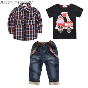 Bekleidungssets 3-teiliges Kinder-Set im Gentleman-Stil, flaches Hemd + Auto-T-Shirt + Jeans, Kinderkleidung Z230724