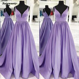 Purple Sleeveless Satin Deep V Neck Prom Dress Vestido De Festa Longo Elegant Simple Evening Gowns Long200d
