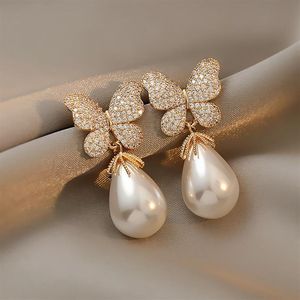 Dangle & Chandelier LOVOACC Elegant Shinning Rhinestones Butterfly Earrings For Women Waterdrop Pearl Insect Wing Wedding Jewelry273p