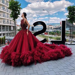 luxurious burgundy lace beaded evening dresses backless sexy tulle prom dresses charming pageant formal party gowns254P