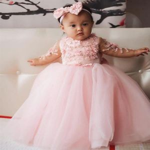 Baby Wedding Party Flower Girls 'Dresses With Bow Pärled 3D-Applique Sheer Long Sleeves Pageant Gowns309V