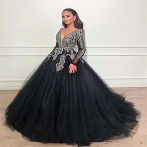 Afrikanische schwarze Ballkleid-Abschlussball-Kleider mit langen Ärmeln 2019, formaler tiefer V-Ausschnitt, Luxus-Perlenkristall-Tüll, arabische Abendkleider315j