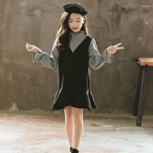 Flickaklänningar 2023 Autumn Styles Girl Patchwork Dress Children Stitch Plaid Fashion Baby Cotton #8006