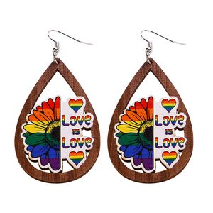Wood Hollow Rainbow Heart Flower Drop Earrings For Women New Trendy Vintage Water Drop Flag Love Pendant Earring Wedding Jewelry