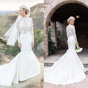 2 Pieces Mermaid Wedding Dresses Long Sleeve See Through Lace Top Satin Skirt Bridal Gowns Sweep Train Custom Size311v