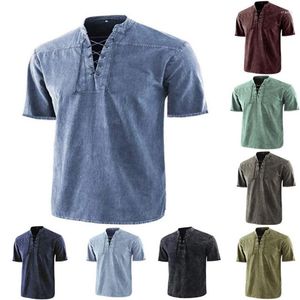 Men's Casual Shirts Solid Color T-shirt Retro Lace-up Stand-up Collar Tops Short-sleeved S-5XL Plus Size