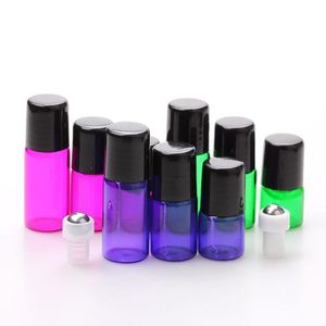 1800Pcs Mix 1ml 2ml 3ml Glass Roller Essential Oil Bottle Pequenos tubos coloridos de amostra de perfume com bola de aço inoxidável e tampas pretas Oibub