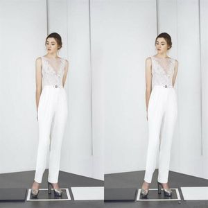 2021 Vita jumpsuitbröllopsklänningar med snedspänning Appliced ​​Boho Bridal Gowns Satin Ankle Längd Landsbröllopsklänning Vestidos D2704