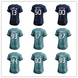 Kadınlar Gençlik Mookie Betts 50 Acuna Jr. 13 Yargıç 99 Ohtani 17 Alabalık 27 Rodriguez 44 2023 All-Star Oyunu Jersey Royal Blue Teal Dikişli Beyzbol Formaları S-XXL