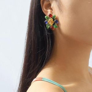 Brincos Pendentes Vintage Francês Flores Verdes Folha Gota Pingente de Óleo Para Menina Personalidade Pintura em Resina Contraste de Cor do Vento