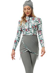 Fato de Banho Feminino Conjunto de 3 Pçs com Manga Estampada Maiô Cinza Traje de Banho Muçulmano Conservador Fato de Banho Muçulmano Feminino Burkini com Almofada de Peito com Zíper Frontal 230720