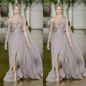 2018 Modest Zuhair Murad Prom Dresses con cintura in metallo Tulle Paillettes A-Line Split One Shoulder Plus Size Abiti da sera205A