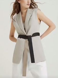 Women's Jackets Vest Jacket Sleeveless Notched Slit Solid Single Button Sashes Coat Linen Office Lady