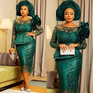 2022 Modern Aso Ebi Mother of the Bride Dresses with Peplum Lace Long Sleeves Prom Dress Tea Length Mermaid Women Evening Party Go2581