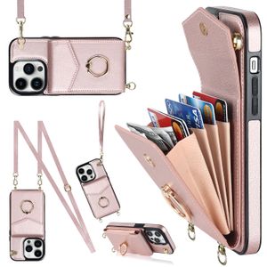Lanyard PU Leather Organ Wallet Cases Credit Card Slots Ring Stand Holder Multifunction Pack Protective Shockproof Cover For iPhone 14 13 12 11 Pro Max XR XS 8 7 6 Plus