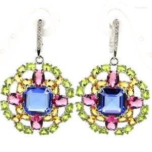 Orecchini a bottone 48x30mm Mutli Color 13.5g Tormalina rosa Peridoto verde Tanzanite viola CZ Vero argento sterling massiccio 925