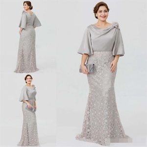 2019 Ny silver elegant mamma till bruden klänningar halv ärm spetsning sjöjungfru bröllop gästklänning plus storlek formell aftonklänningar192b