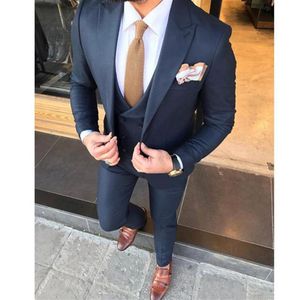 Högkvalitativ en -knapp Navy Blue Groom Tuxedos Peak Lapel Groomsmen Mens Suits Wedding Prom Dinner Blazer Jacket Pants Vest Tie2524