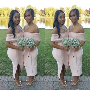 South African Blush Pink Sheath Bridesmaid Dresses 2018 Sexy Off Shoulder Satin Side Split Prom Party Dresses For Wedding Plus Siz272J