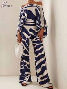 Kvinnor Tvåbitar byxor Jokaa Abstract tryck två bitar Set Women Casual Long Sleeve Loose Tshirts and Wide Ben Pants Suits Fashion Party Outfits 230720