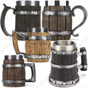 Tumblers Viking Wood Grain Beer Mug 304 Rostfritt stål Medeltida Tavern Wood Imitation Barrel Tankard Beer Mug Coffee Cup Men Gift 230720