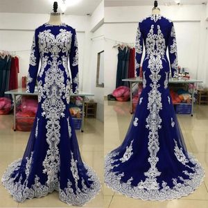 Saudi Arabia Formal Evening Dresses With Long Sleeves Ivory Lace Jewel Muslim Special Occasion Party Women Dress Plus Size Prom Me221n