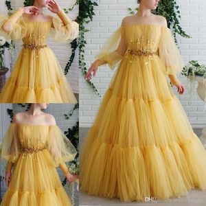 Daffodil Linia Sukienki na studniowe sukienki na ramię długie puszyste rękawy Warstwowe tiulowe suknie wieczorowe plus size formalne sukienka Evenin334B
