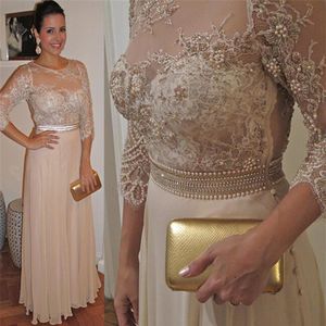 Chiffon Long Mother Of The Bride Dresses Sheer Jewel Neck 3 4 Long Sleeve Pearls Sash Beads Women Evening Party Gowns Plus Size211f