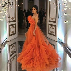 Orange A Line Long Evening Dresses 2021 Ruffled Tulle Strapless Prom Dress vestidos de fiesta Custom Made Party Night Gowns291R