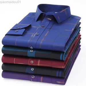 Mäns avslappnade skjortor Herrtryckade skjorta långärmad avslappnad elastisk mjuk no-järnfri tunt enkel vård Bausiness Silk Dress Shirts Luxury Clothing 4XL L230721