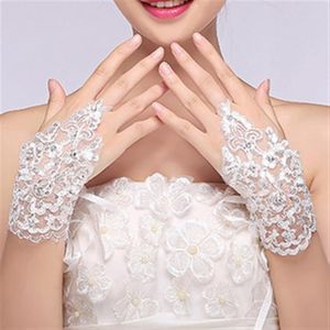 New Arrival Cheap In Stock Lace Appliques Beads Fingerless Wrist Length With Ribbon Bridal Gloves Wedding Accessories2829