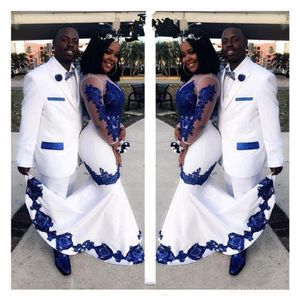 New White Satin Royal Blue Lace Aso Ebi African Prom Dresses Maniche lunghe Illusion Appliqued Mermaid Evening Formal Gowns231U