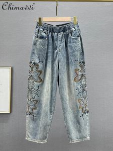 Dżinsowe dżinsy dhinestone kobiety workowate spodnie 2023 Jesienna moda wysoka talia luźne szczupłe spodnie eleganckie europejskie przycięte harem