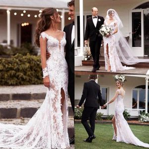 Sexy Beach Bohemian Boho Lace Mermaid Wedding Dresses Long Sleeve Open Back Full Lace Country Wedding Dress Bridal Gowns Vestdiso 243T