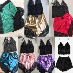 Whole Women Summer Shorts Sets V-Neck Sleep Fare Black Lace Satin Pajama Kobiety Pajamas Spaghetti Pasek koronkowy seksowna piżama274y