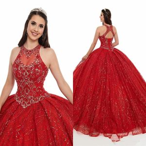 Bling glitter tyll quinceanera klänningar pageant bollklänningar rhinestones pärla hög juvel prom klänning för söta 16 aftonklänningar 318c