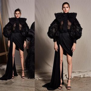 Nyaste Ashi Studio A Line Prom Dress High Neck Long Sleeve Satin Tulle Feather Party Dress Sweep Train Robes De Soiree246f