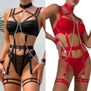 Sexy underwear seductive sexy role play chain four-piece set women Sexy lingerie black and red color See-through clothing she in oln0739