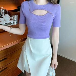 レディースTシャツ女性ピンクの半袖TシャツTシャツFEMME 2023 Thin Hollow Out Knitte Korean Fashion Tops Summer Womens Clothens