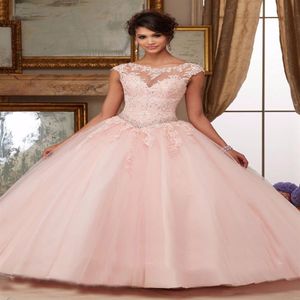 2023 neues Ballkleid-Abschlussballkleid mit langen Applikationen, Tüll, rosa, himmelblaues Kleid für Abschlussfeier, Quinceanera, Vestidos De 15 Anos Debutante239r