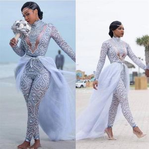 Tute di perline di lusso Abiti da sposa 2019 Nuovo collo alto manica lunga Bohemian Beach Abiti da sposa Boho Abito da sposa Pants210k