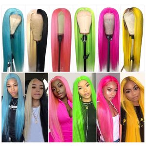 Ishow Brazilian 13 1 T Part Lace Front Wig Straight Yellow Green Remy Human Hair Wigs Pink Red Light Blue Purple Ombre Color Wigs 285F