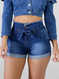 Jeans da donna Cintura alla moda Pantaloncini con risvolto casual a vita alta con nappe da donna