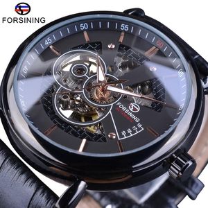 ForSining Transparent Case Avigator Series äkta läderband Fashion Skeleton Design Men Automatiska klockor Top Brand Luxury239J