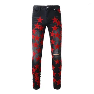 Men's Jeans Dark Black Distressed Streetwear With Red Stars Patches Slim Stretch Skinny High Street Fashion Style Ripped